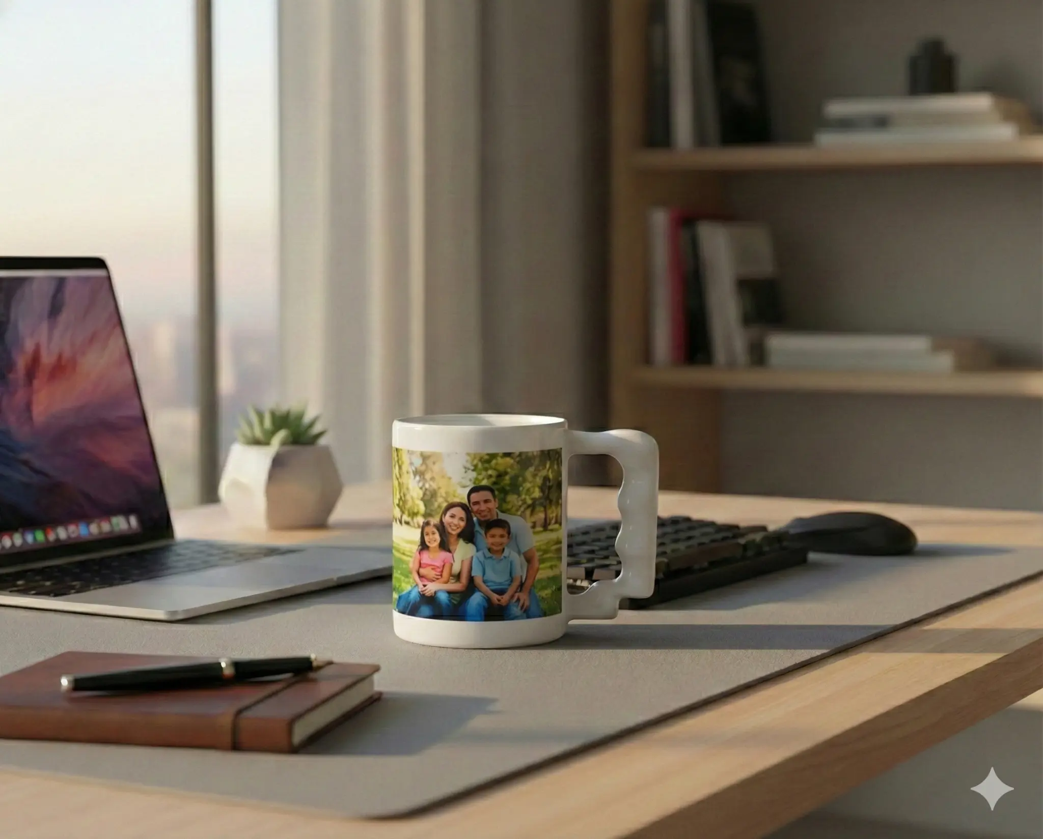 ErgoMug Comfort 15 with family photo design on office desk
