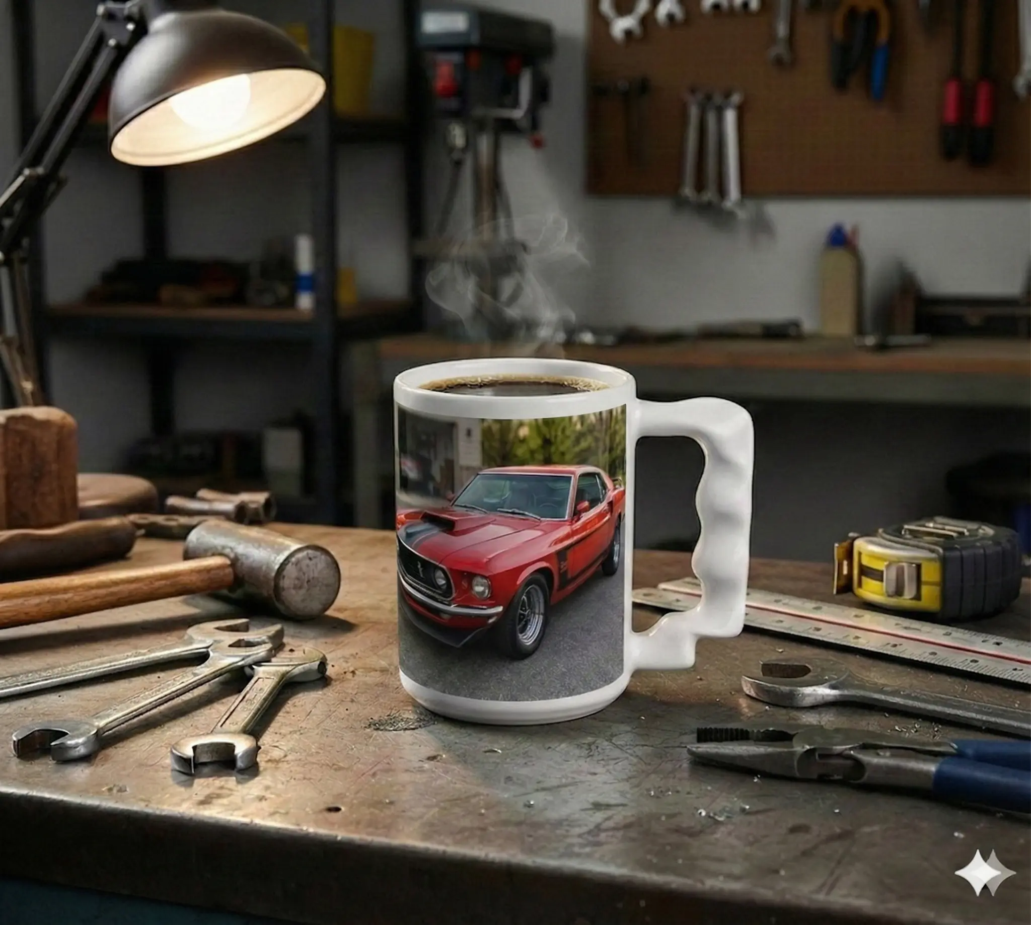 ErgoMug Comfort 15 with muscle car design in workshop